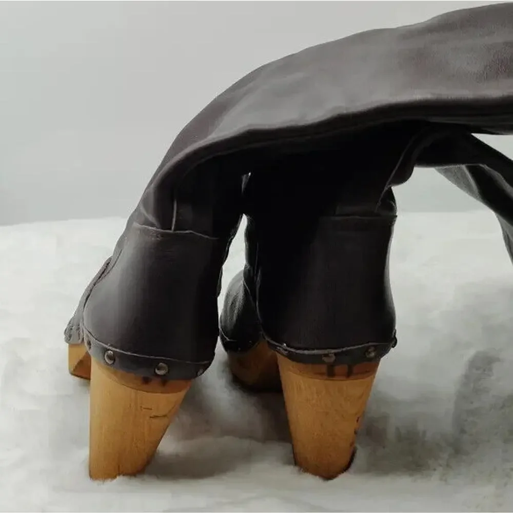 Brown Leather Knee High Clog Boots by sanita Size 6.5